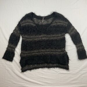 Free People‎ boxy Fuzzy Knit Sweater XS Black Gray Boho Slouchy Grunge Soft